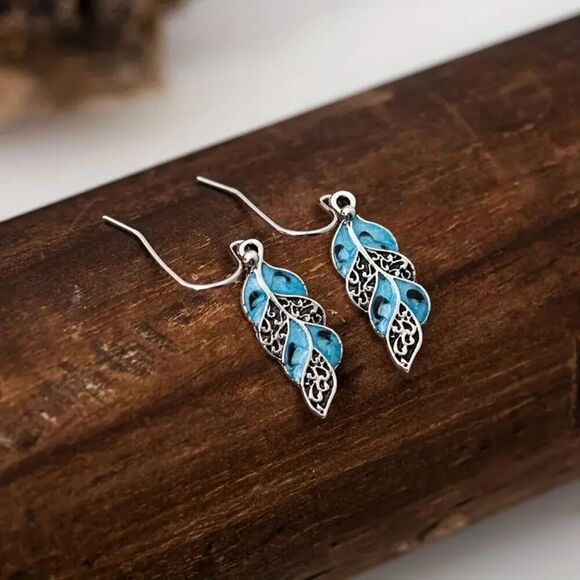 New - Leaf Design Dangle Earrings 925 Sterling Silver Plating - Picture 5 of 7